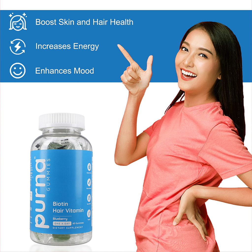 Purna - Blueberry Flavoured Gummies - Helps with Nutriton &  Health For Hair to Repair Hair Tissue (60 Gummies- 2 Months Supply).Best Before 30th Sep 2025