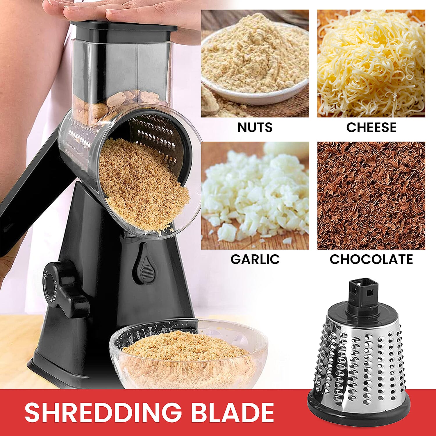 Whizzy Chopper - 3 in 1 Slicer, Grater and Shredder. Safe Barrel Blades - Speedy Chopping, Easy Cleaning, Non-Electric - Black