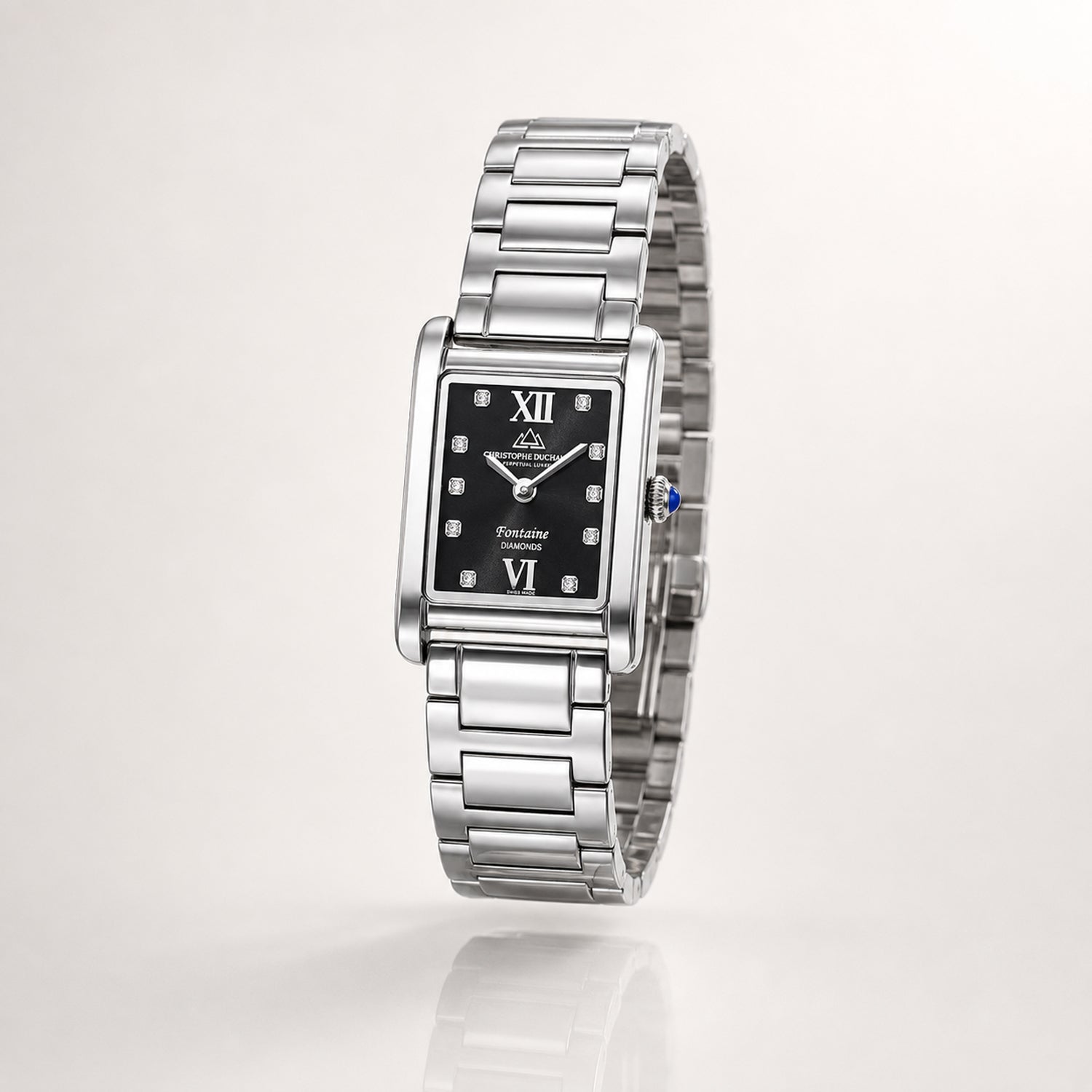 SWISS MADE Christophe Duchamp Fontaine Swiss Movement Watch with 10 SI Diamonds and Sapphire Crystal Black Dial Silver Strap_7416125