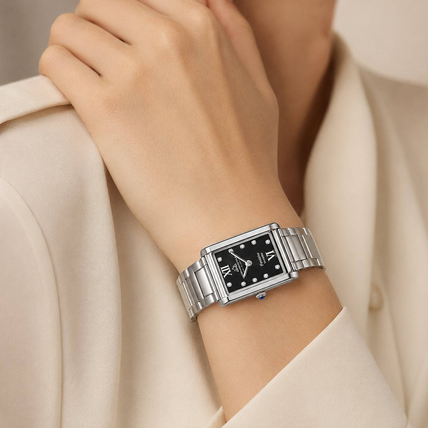 SWISS MADE Christophe Duchamp Fontaine Swiss Movement Watch with 10 SI Diamonds and Sapphire Crystal Black Dial Silver Strap_7416125_1