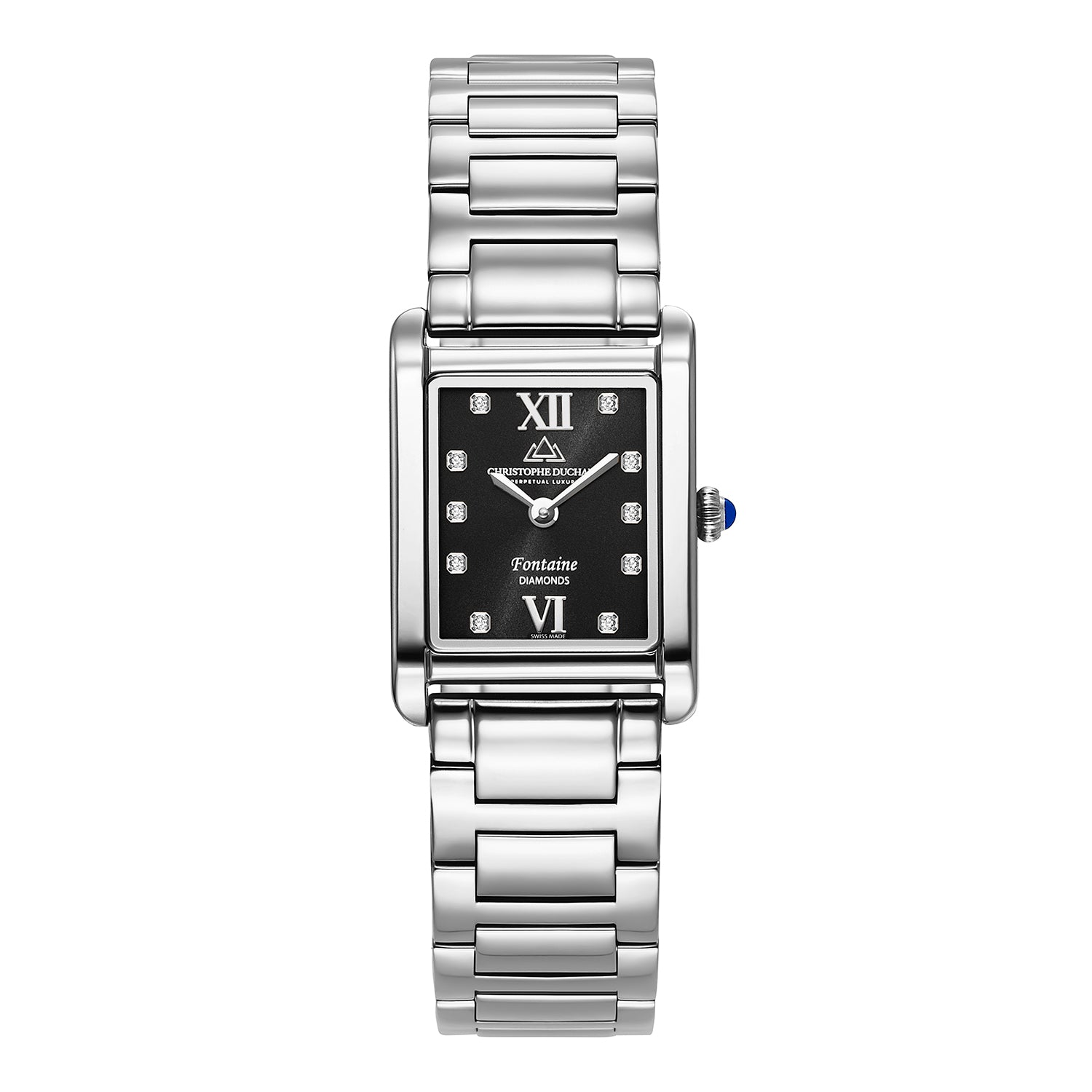 SWISS MADE Christophe Duchamp Fontaine Swiss Movement Watch with 10 SI Diamonds and Sapphire Crystal Black Dial Silver Strap_7416125_2
