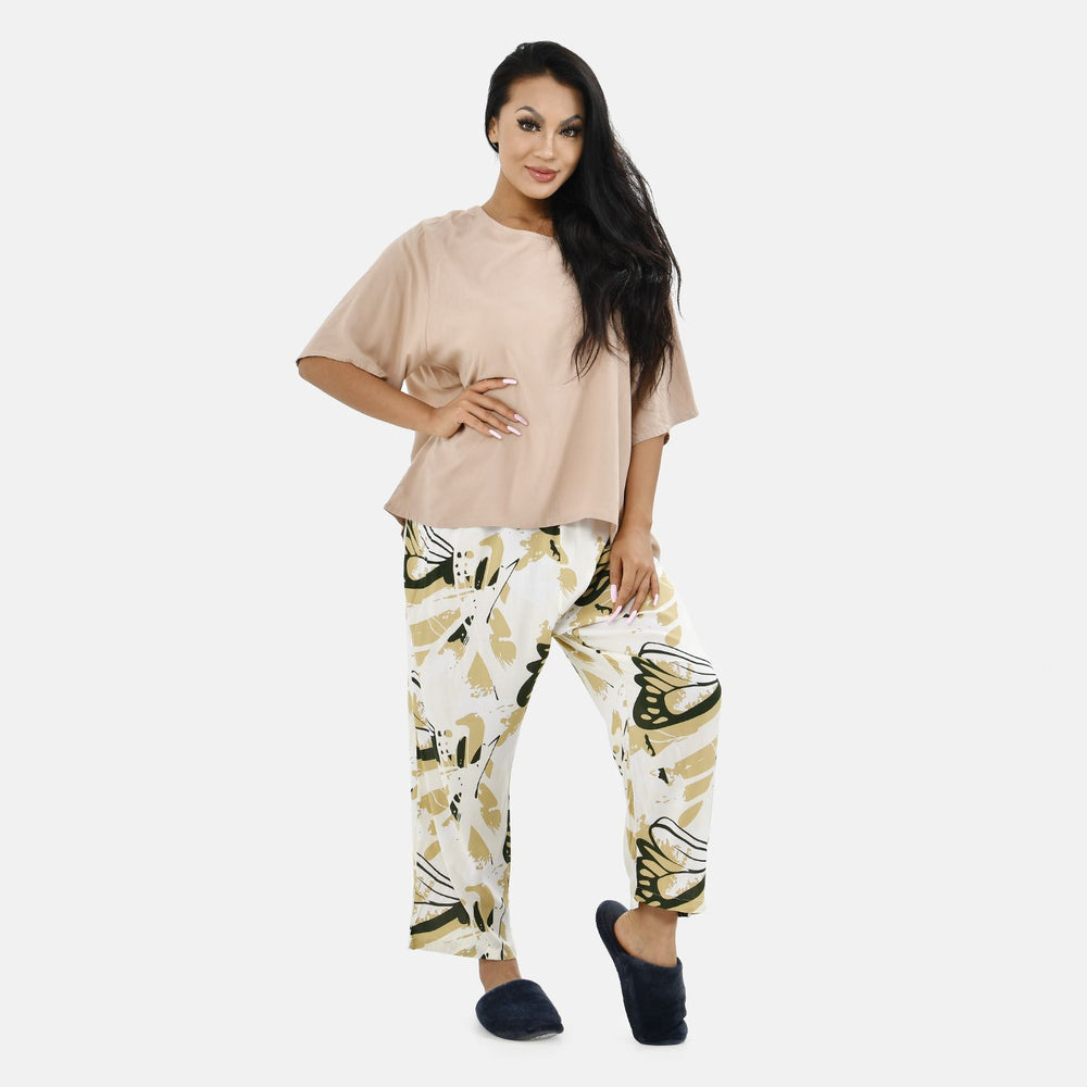 Tamsy 100% Viscose Loungewear Sets (Size M,12-14) - Khaki Brown & White_7490051