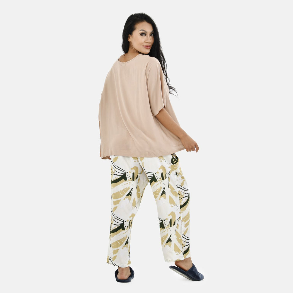 Tamsy 100% Viscose Loungewear Sets (Size M,12-14) - Khaki Brown & White_7490051_1