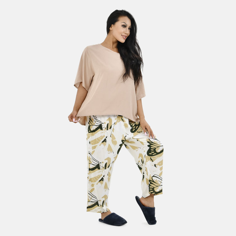 Tamsy 100% Viscose Loungewear Sets (Size M,12-14) - Khaki Brown & White_7490051_2