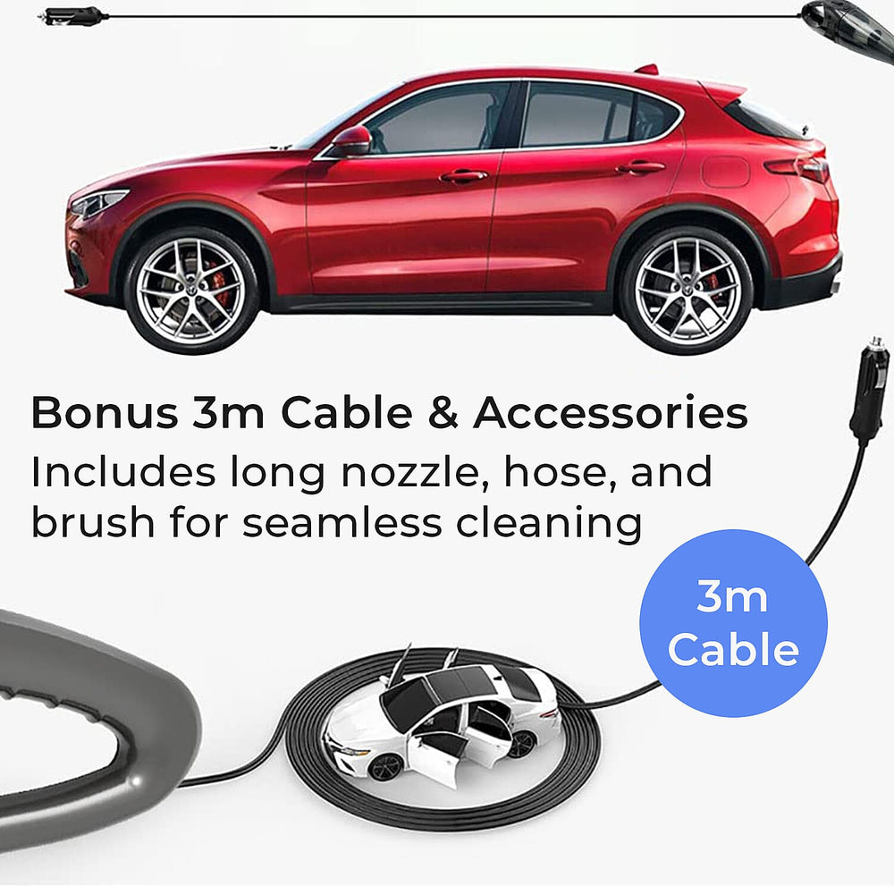 Portable Car Vacuum Cleaner - (Cigarette Lighter Port and 3m Cable) - 12V