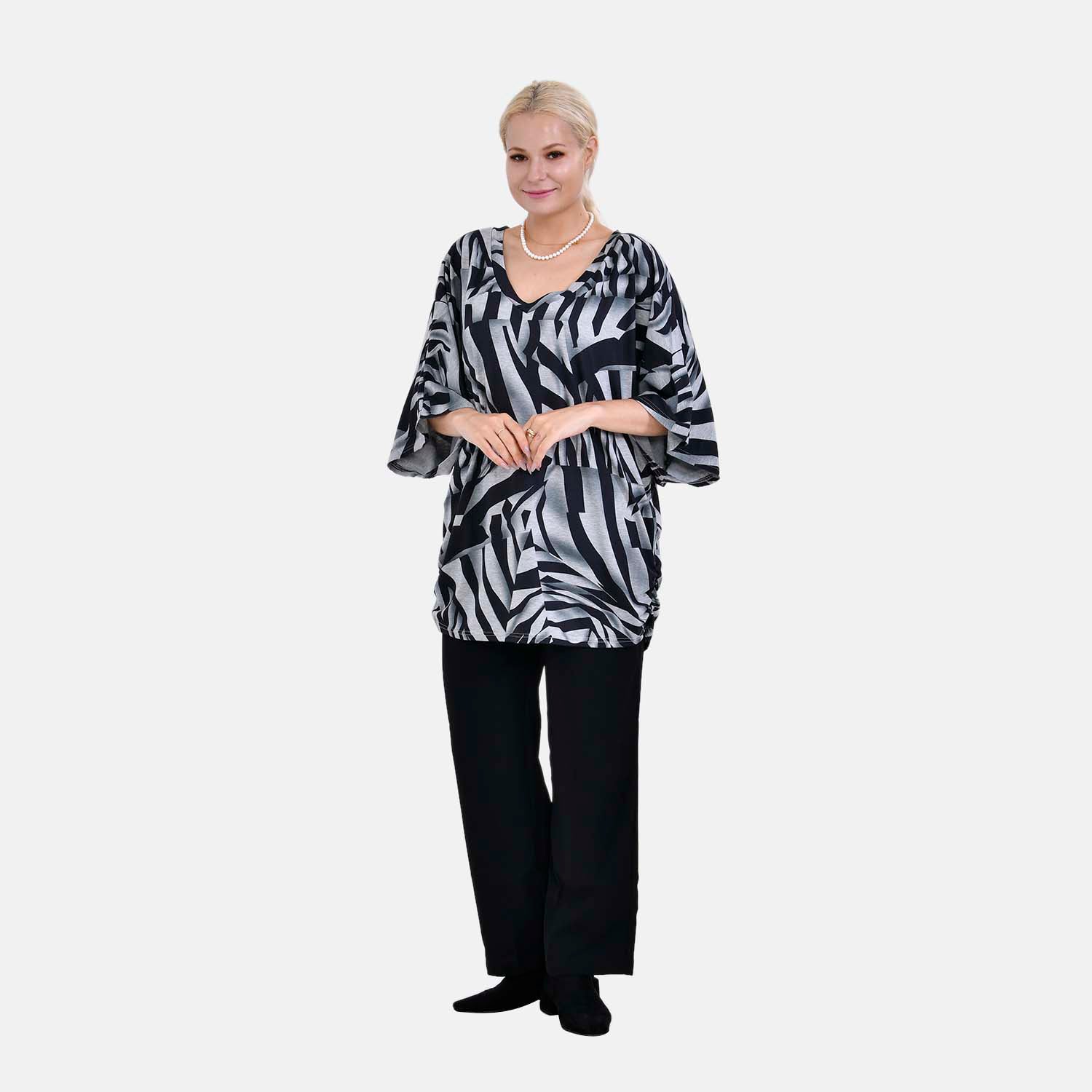 TAMSY Black Boat Neck Black & White Printed Knit Drape Top (One Size,8-22) - Black_7512868