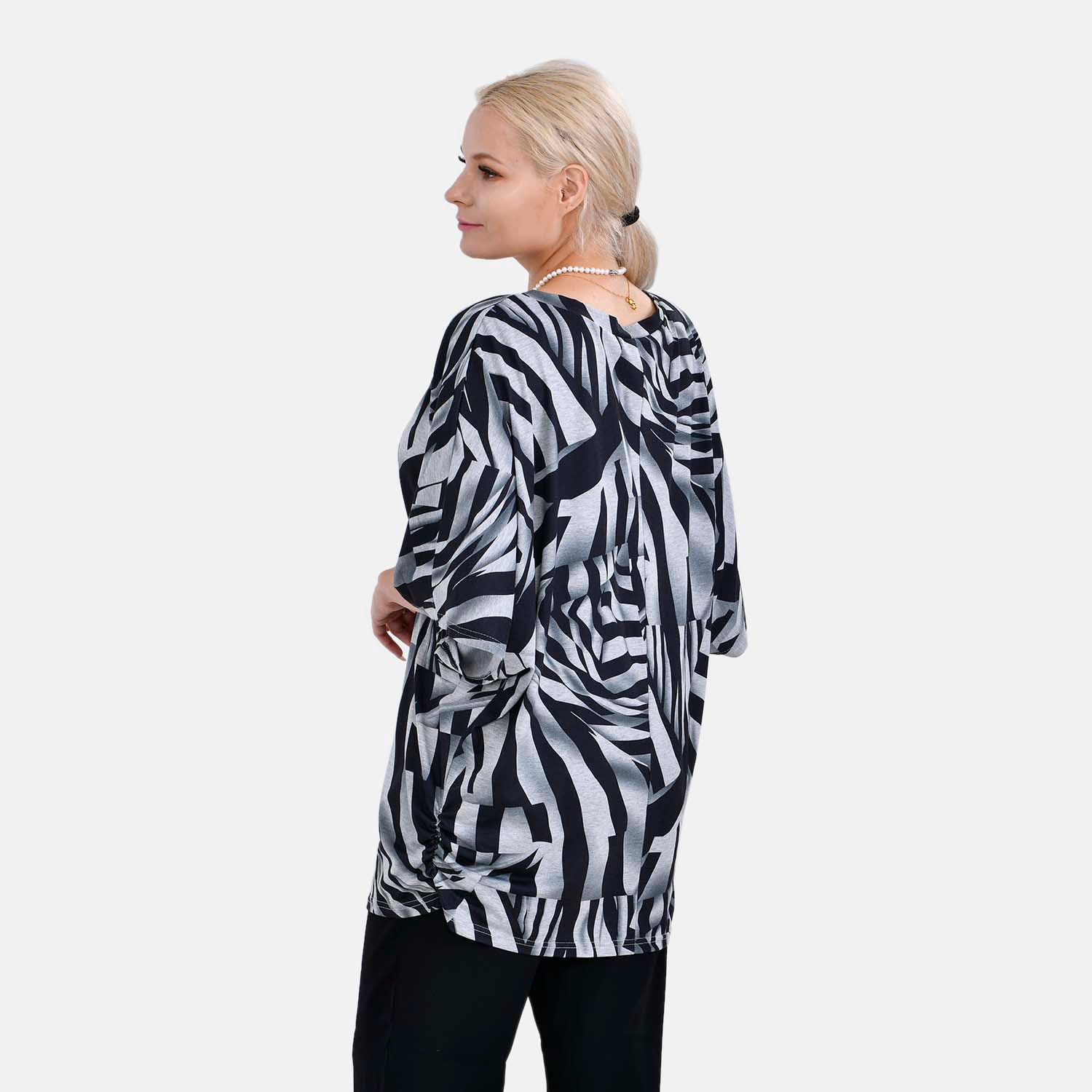 TAMSY Black Boat Neck Black & White Printed Knit Drape Top (One Size,8-22) - Black_7512868_1