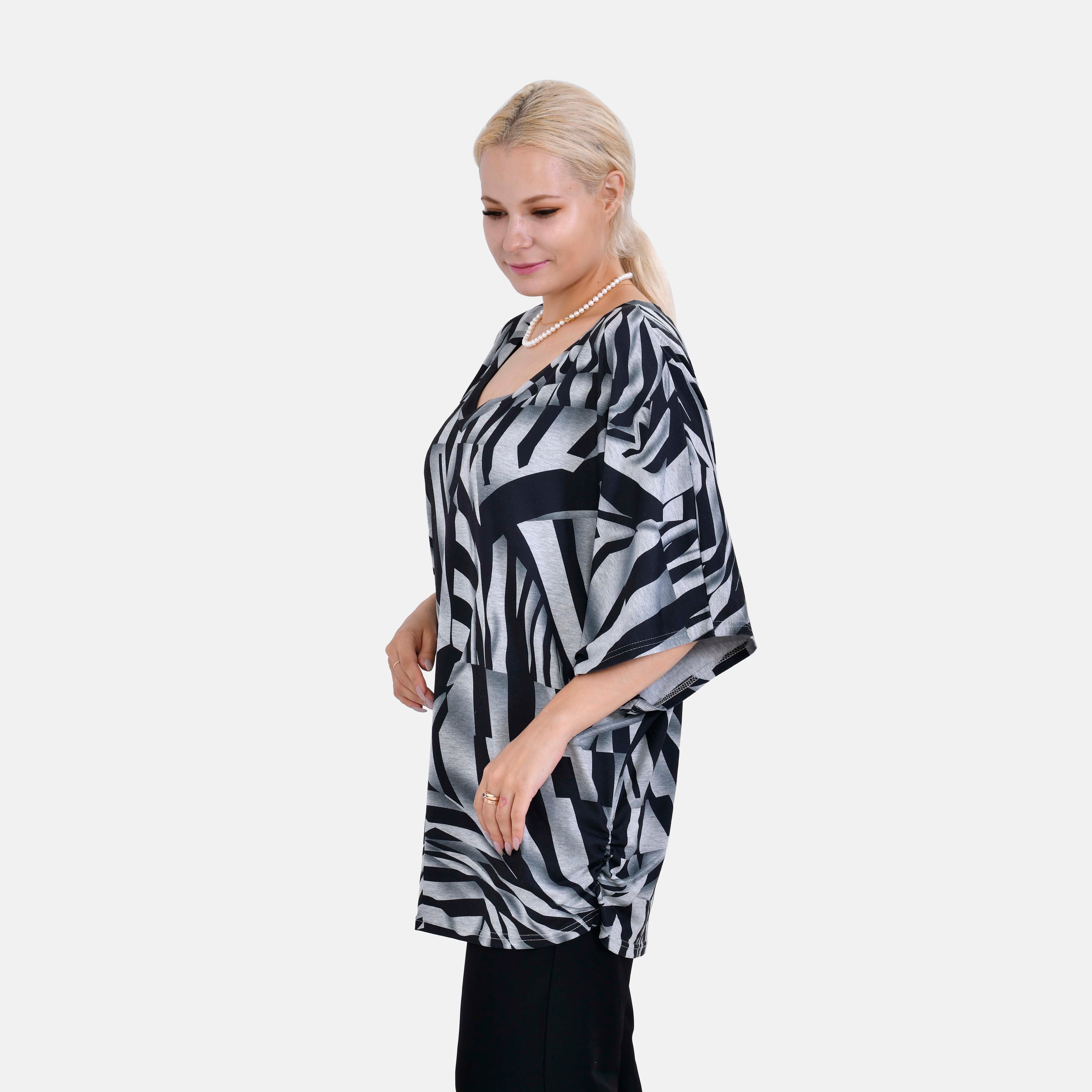 TAMSY Black Boat Neck Black & White Printed Knit Drape Top (One Size,8-22) - Black_7512868_2