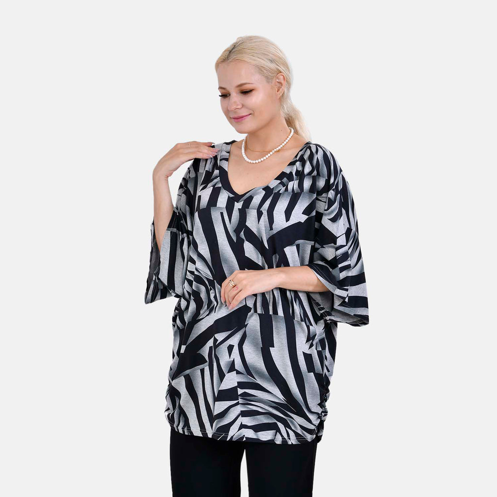 TAMSY Black Boat Neck Black & White Printed Knit Drape Top (One Size,8-22) - Black_7512868_3