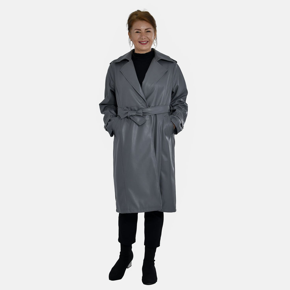 Tamsy Faux Leather Long Belted Coat with Adjustable Cuffs (Size M,12-14) - Dark Grey_7524952