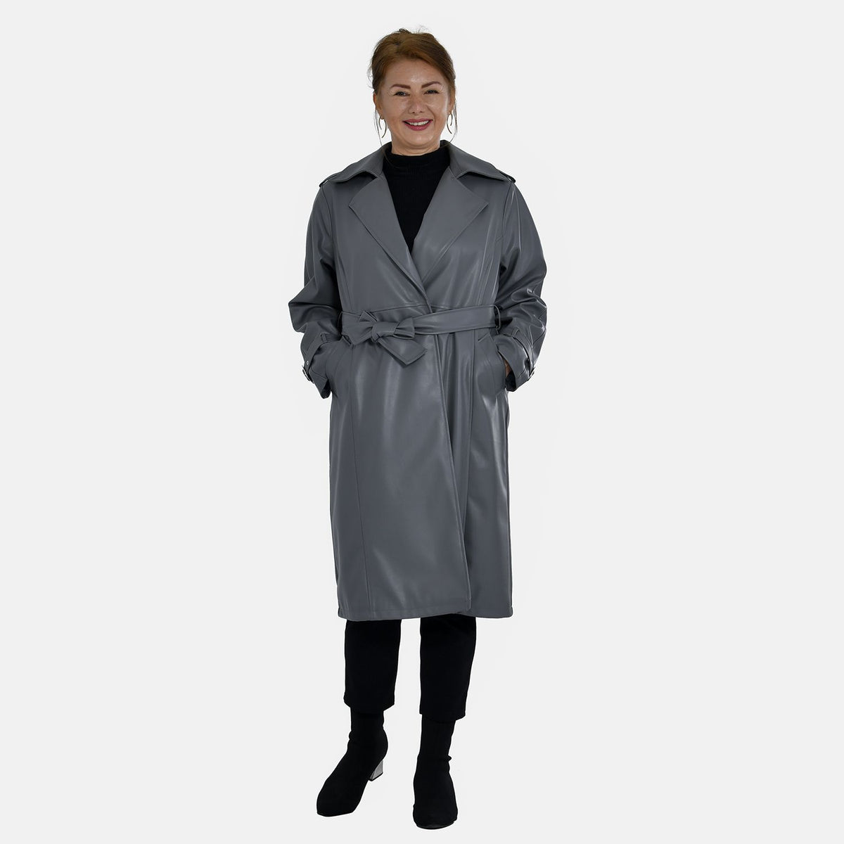 Tamsy Faux Leather Long Belted Coat with Adjustable Cuffs (Size M,12-14) - Dark Grey_7524952