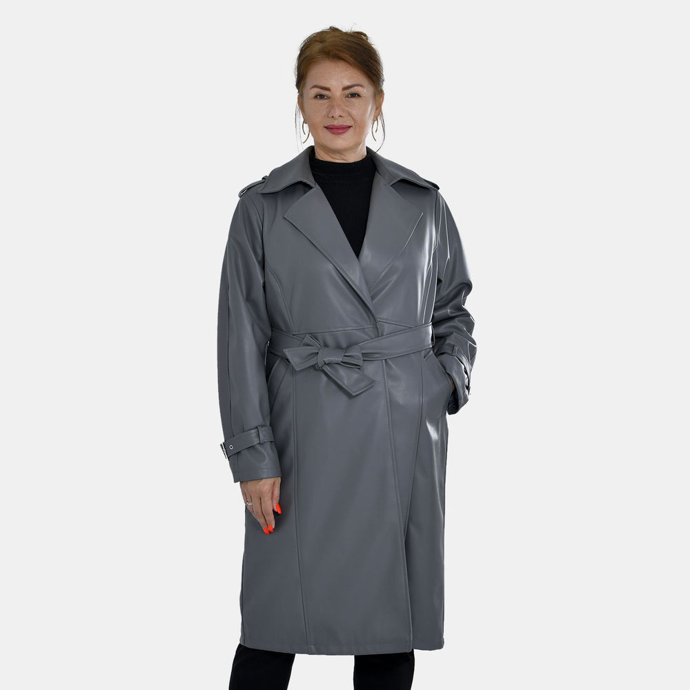 Tamsy Faux Leather Long Belted Coat with Adjustable Cuffs (Size M,12-14) - Dark Grey_7524952_2