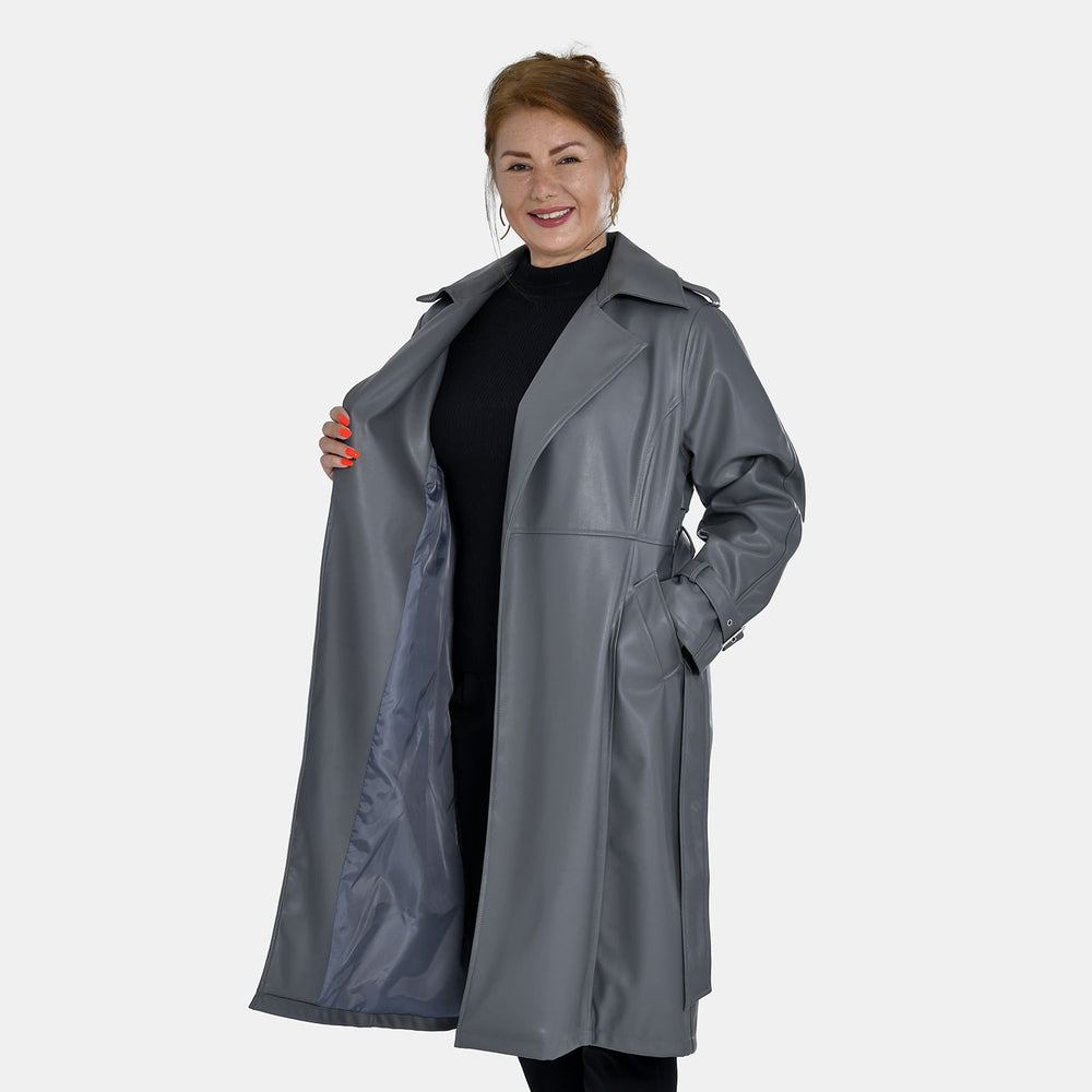 Tamsy Faux Leather Long Belted Coat with Adjustable Cuffs (Size M,12-14) - Dark Grey_7524952_4