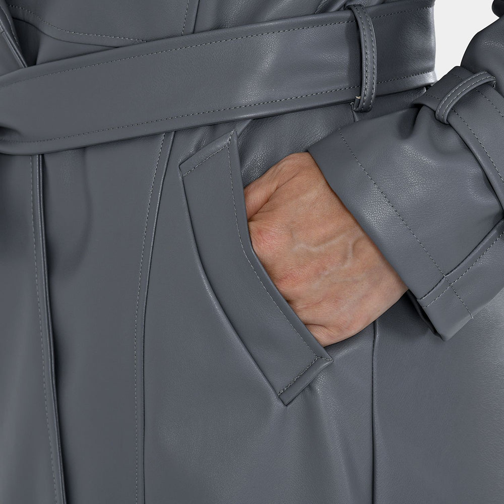 Tamsy Faux Leather Long Belted Coat with Adjustable Cuffs (Size M,12-14) - Dark Grey_7524952_5