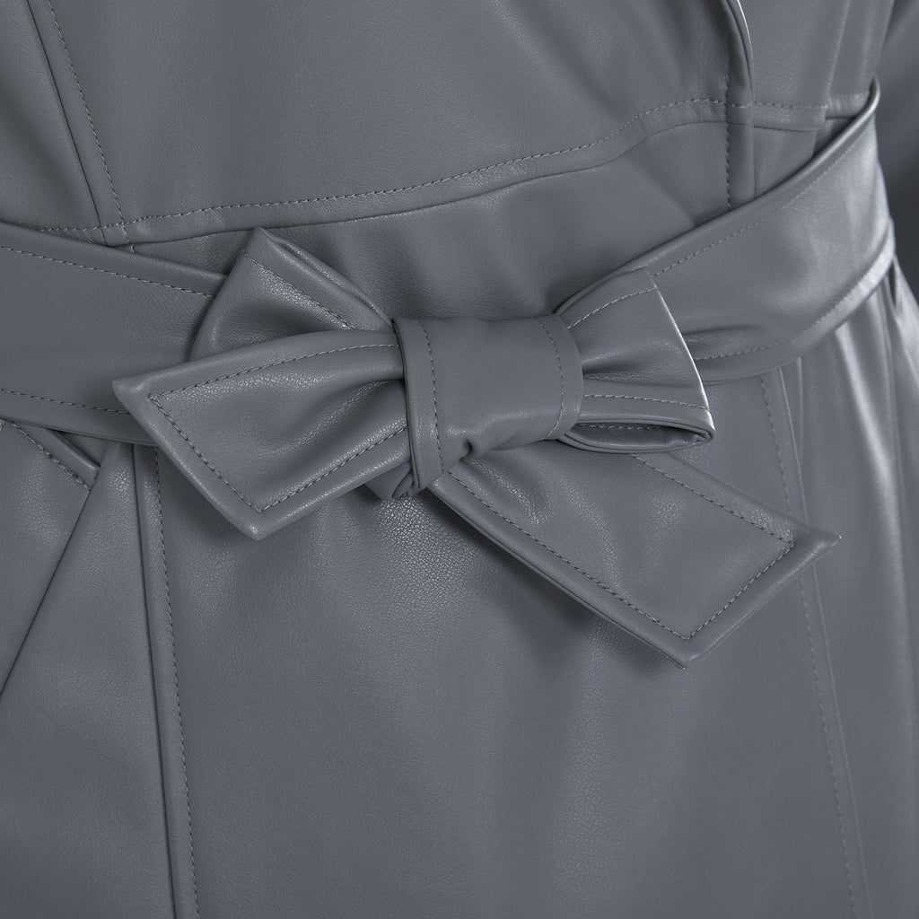Tamsy Faux Leather Long Belted Coat with Adjustable Cuffs (Size M,12-14) - Dark Grey_7524952_6