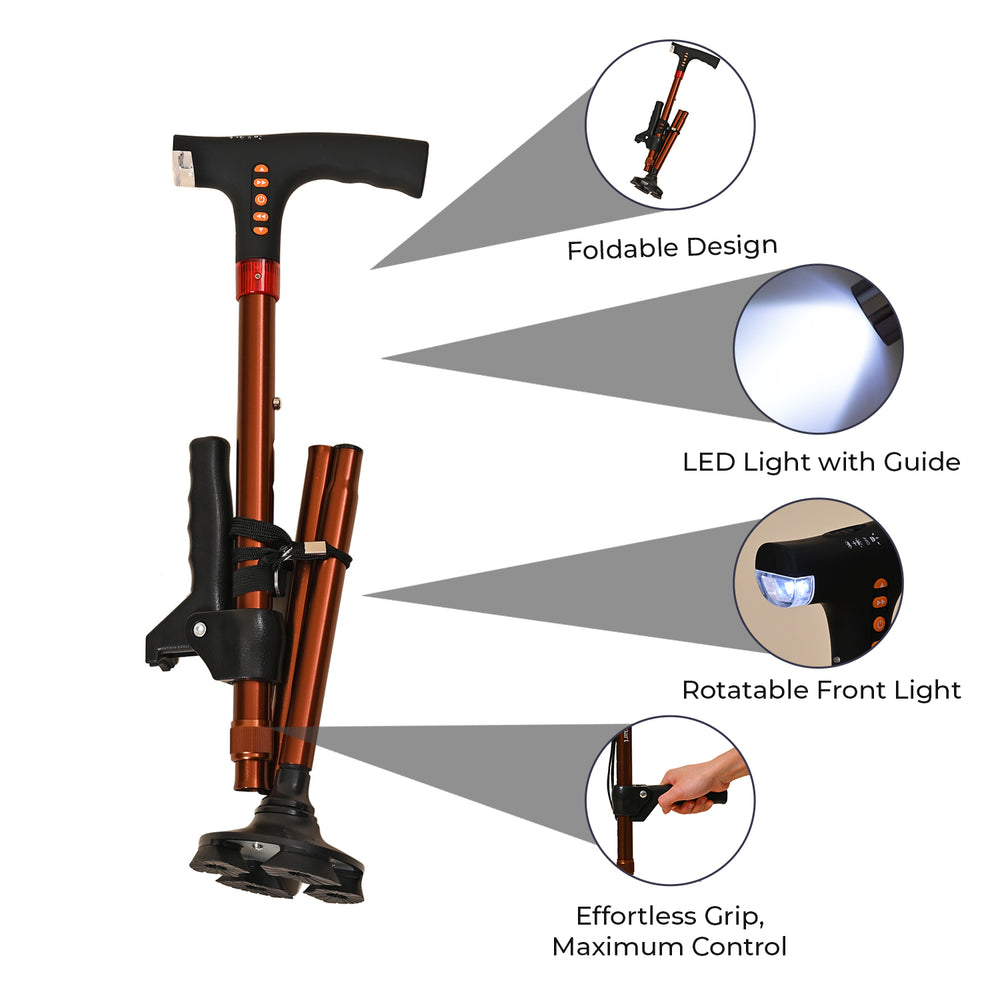 Easy Up Walking Cane with 2 Handles, Anti Slip Base and Light (2xAAA,Not Included) - Red