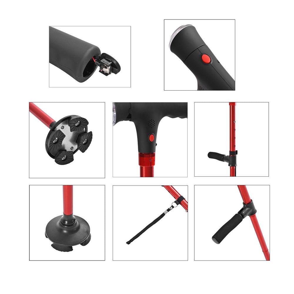 Easy Up Walking Cane with 2 Handles, Anti Slip Base and Light (2xAAA,Not Included) - Red