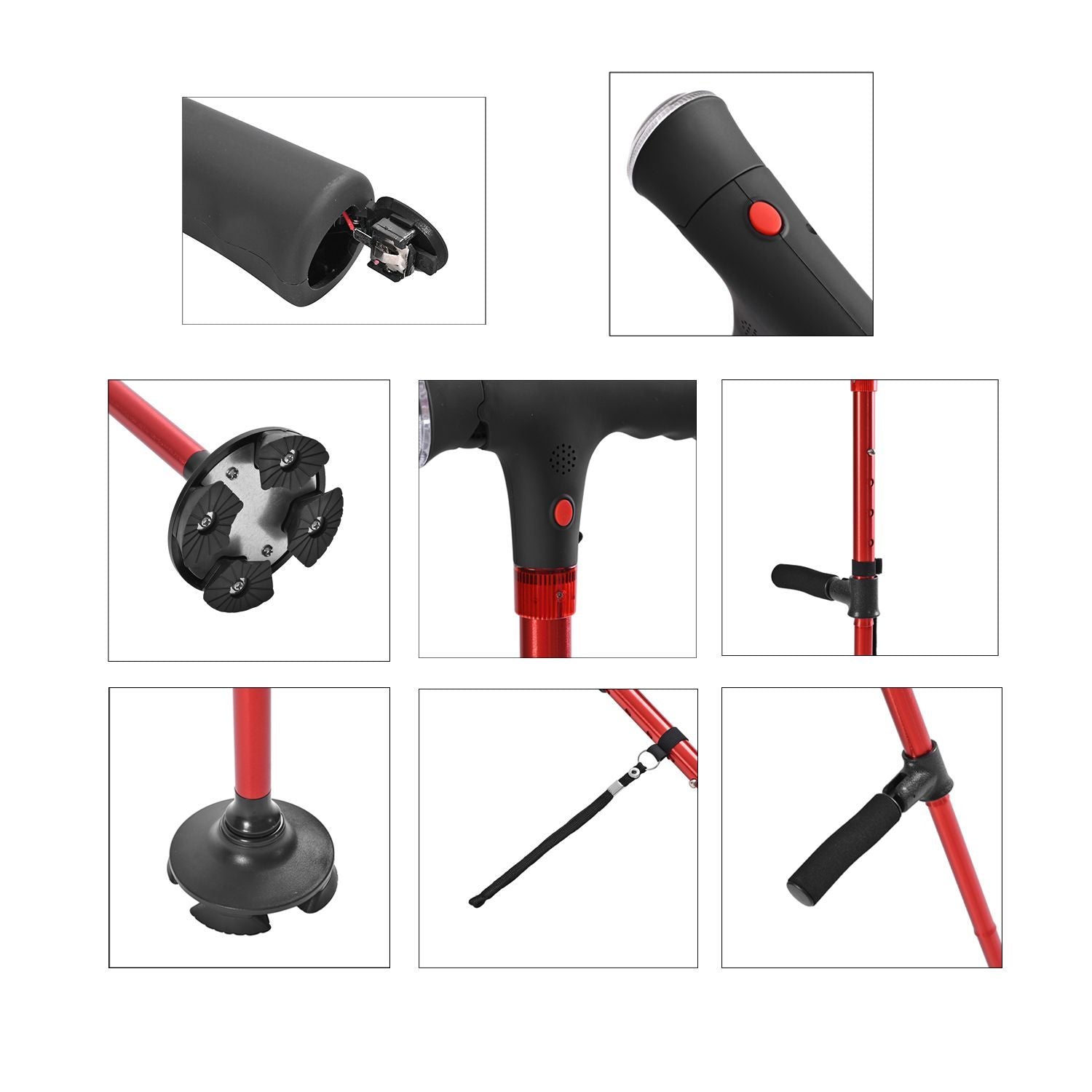 Easy Up Walking Cane with 2 Handles, Anti Slip Base and Light (2xAAA,Not Included) - Red