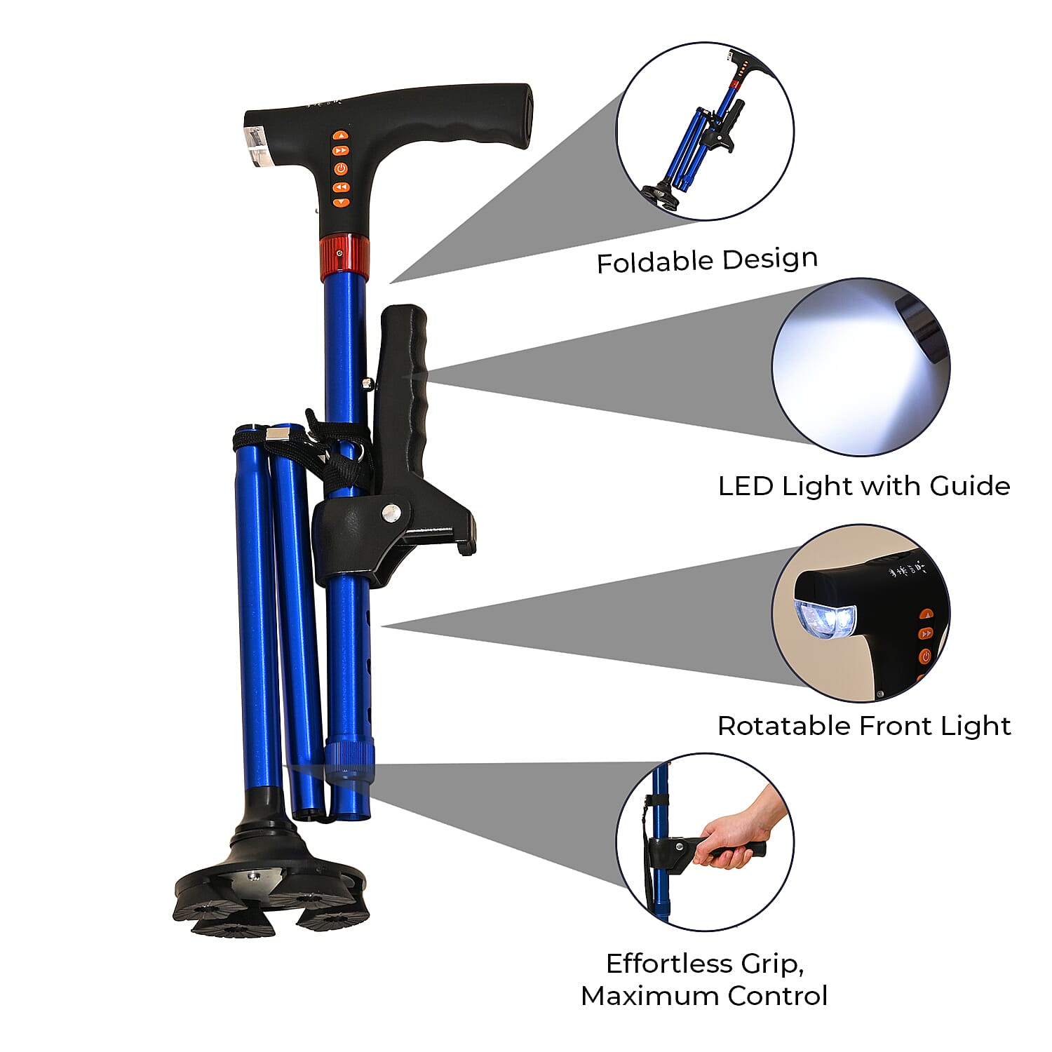 Easy Up Walking Cane with 2 Handles, Anti Slip Base and Light (2xAAA,Not Included) - Blue