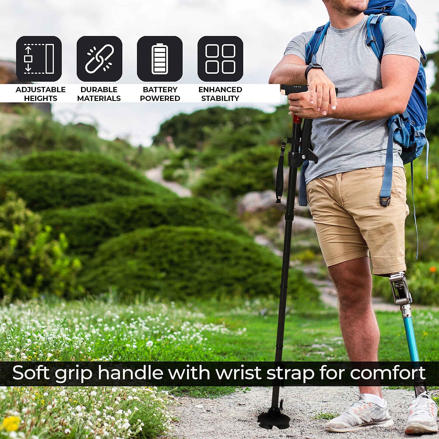 Easy Up Walking Cane with 2 Handles, Anti Slip Base and Light (2xAAA, Not Incl.) - Silver
