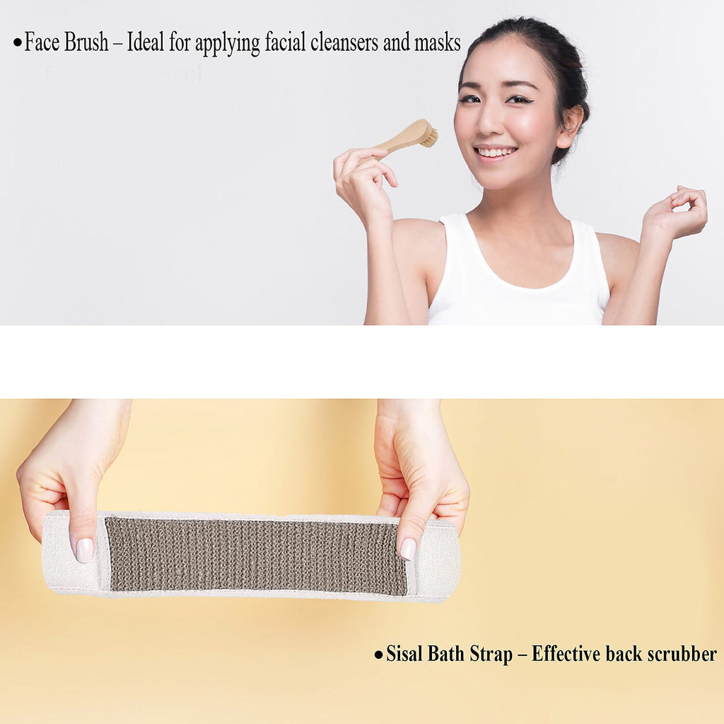 Set of 6 Eco Bath Accessories -  Incl. Face Brush, Foot Roller, mesh sponge, hemp bath belt, hemp bath sponge, pumice stone and white box.