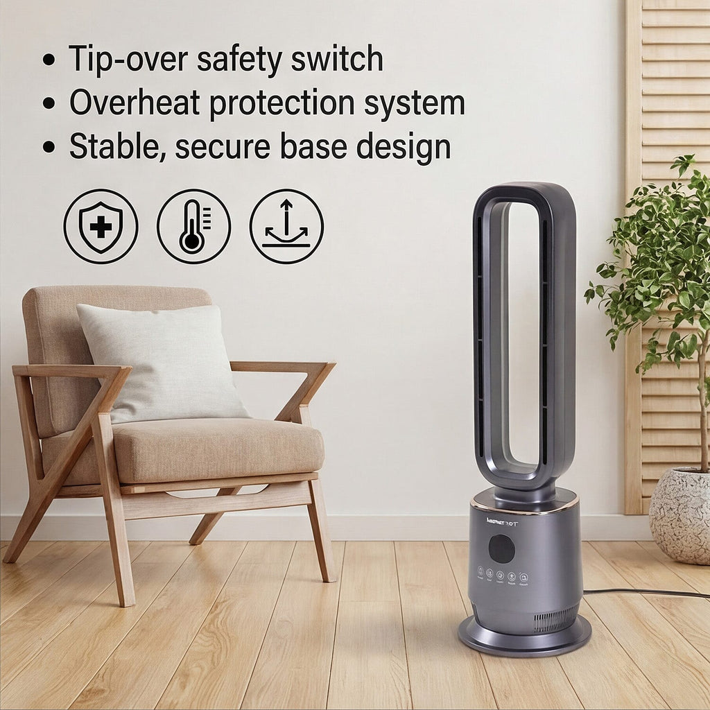 Energy Efficient 2-in-1 Ceramic Bladeless Heater with Fan Mode, 2 Heat Settings & Light Mode (1000W-2000W) With Remote