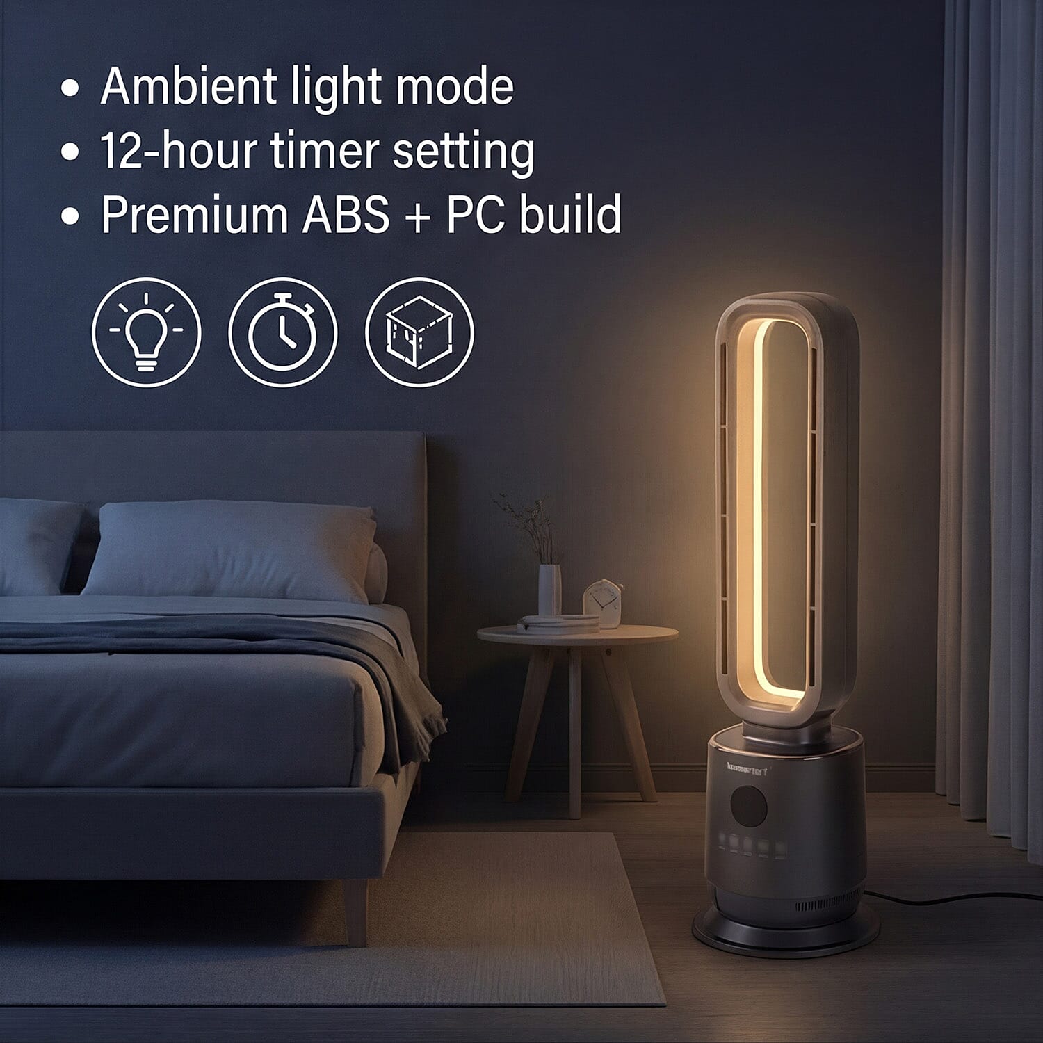 Energy Efficient 2-in-1 Ceramic Bladeless Heater with Fan Mode, 2 Heat Settings & Light Mode (1000W-2000W) With Remote