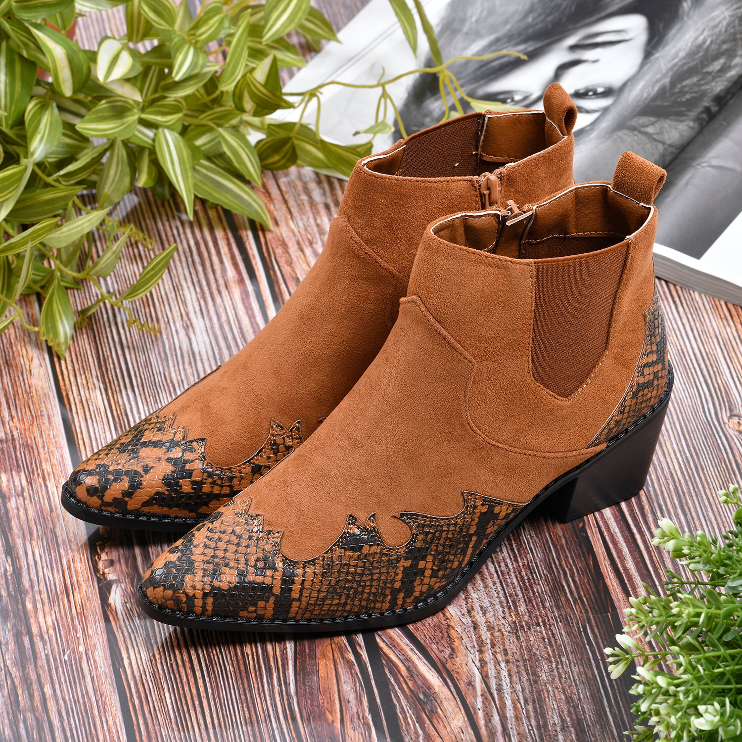 LA MAREY Snake Print Ankle Boots with Side Zipper (Size 5) - Camel_7597838_2