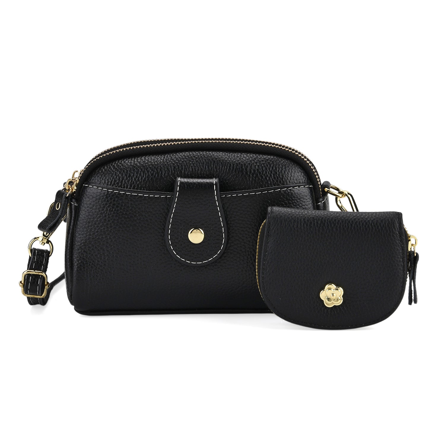 Set of 2 - 100% Genuine Leather Crossbody Bag & Card Wallet with RFID Protection - Black_7617214