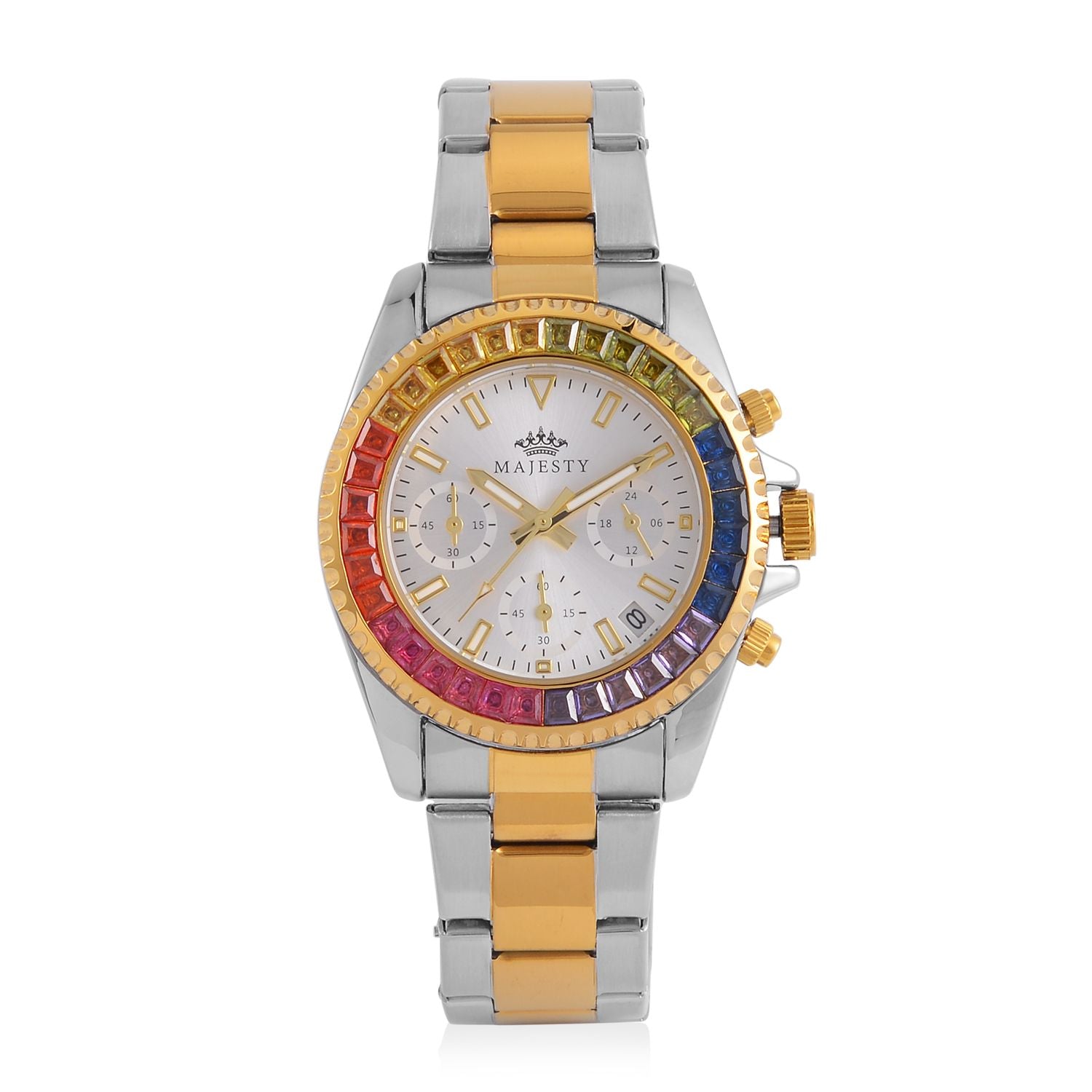 MAJESTY Multi Function Chronograph Movt. Multi Colour Cubic Zirconia Studded Water Resistant Watch in Two Tone Chain Strap_7644024
