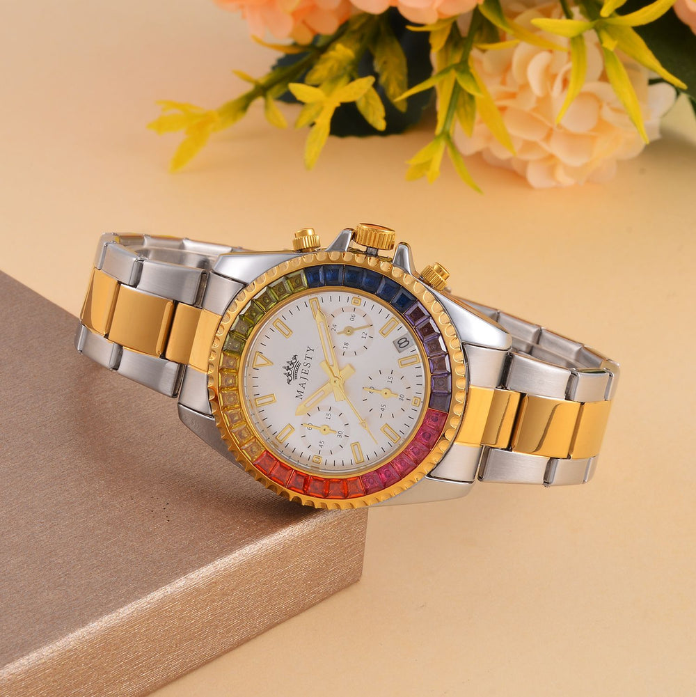 MAJESTY Multi Function Chronograph Movt. Multi Colour Cubic Zirconia Studded Water Resistant Watch in Two Tone Chain Strap_7644024_1