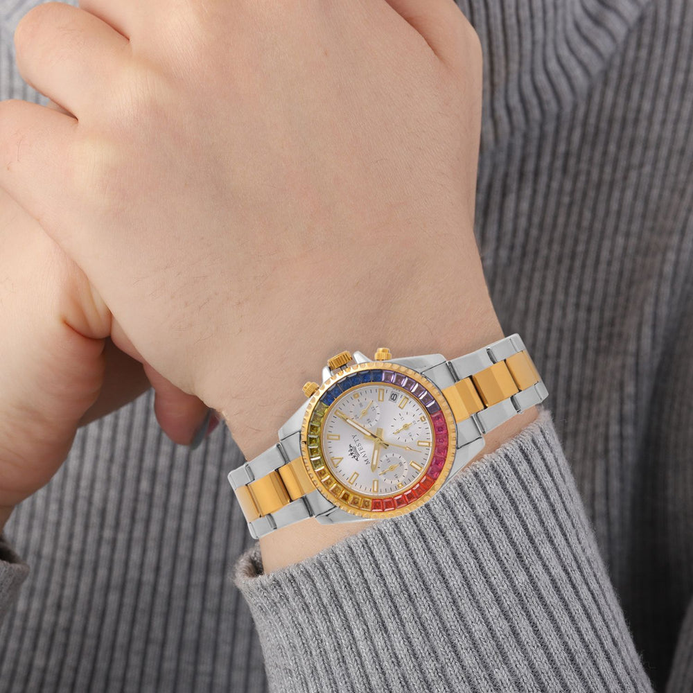 MAJESTY Multi Function Chronograph Movt. Multi Colour Cubic Zirconia Studded Water Resistant Watch in Two Tone Chain Strap_7644024_2