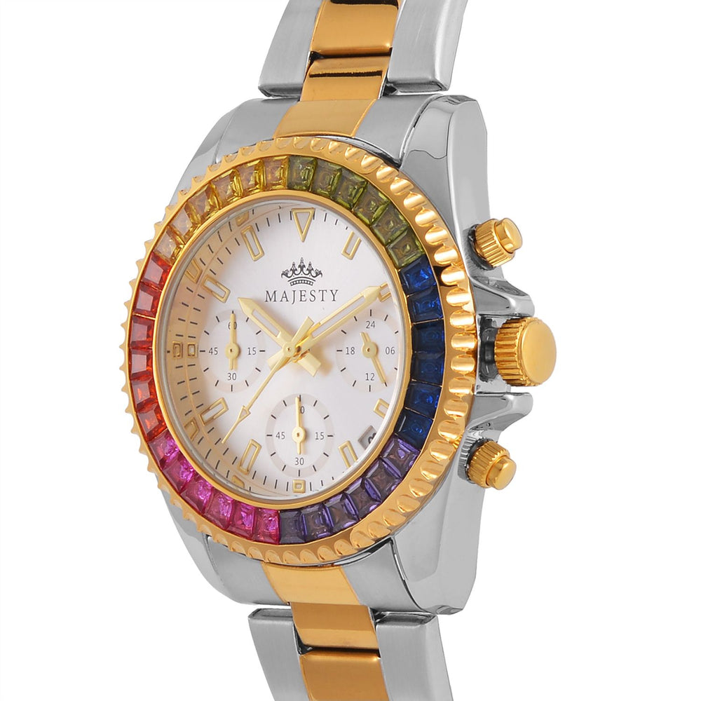 MAJESTY Multi Function Chronograph Movt. Multi Colour Cubic Zirconia Studded Water Resistant Watch in Two Tone Chain Strap_7644024_3