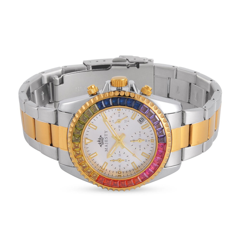 MAJESTY Multi Function Chronograph Movt. Multi Colour Cubic Zirconia Studded Water Resistant Watch in Two Tone Chain Strap_7644024_4