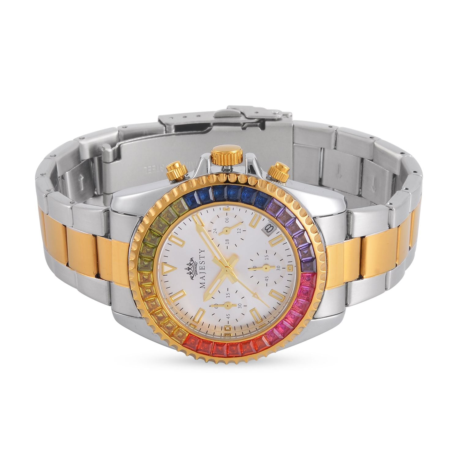 MAJESTY Multi Function Chronograph Movt. Multi Colour Cubic Zirconia Studded Water Resistant Watch in Two Tone Chain Strap_7644024_4