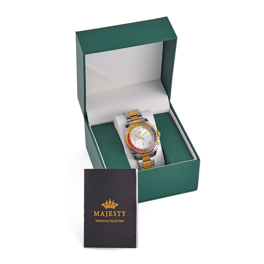 MAJESTY Multi Function Chronograph Movt. Multi Colour Cubic Zirconia Studded Water Resistant Watch in Two Tone Chain Strap_7644024_7