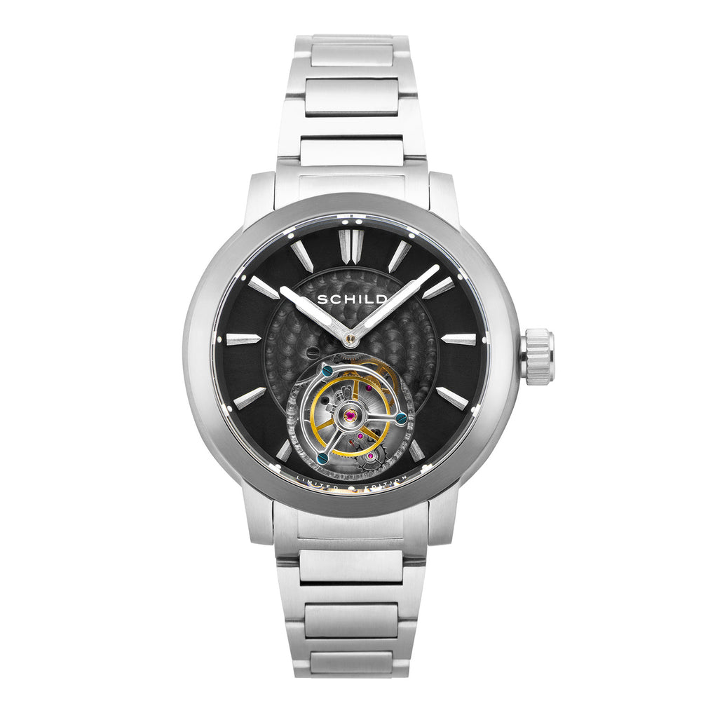 SCHILD Freidrich Mechanical Tourbillion Deep Storm Limited Edition Men Black Dial 10ATM Water Resistant Watch With Stainless Steel Chain Bracelet & Black Strap_7646690