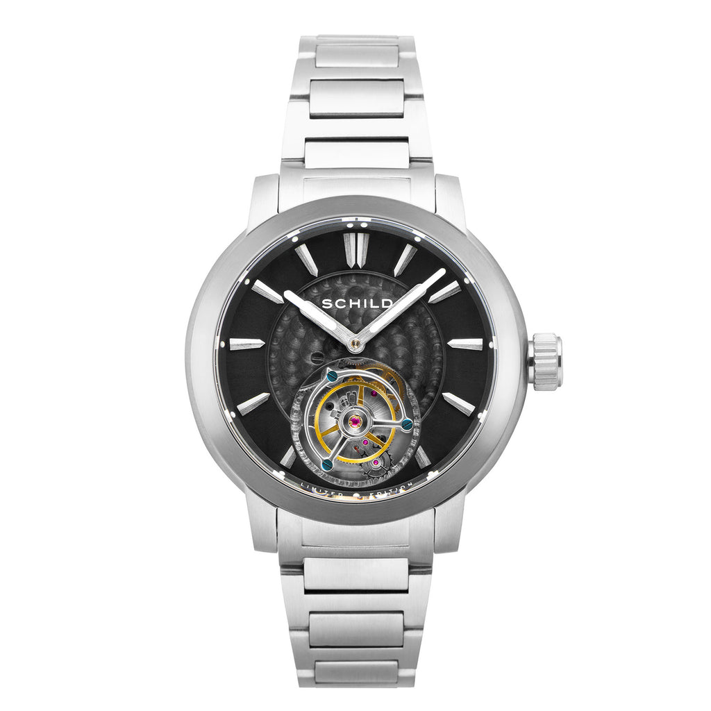 SCHILD Freidrich Mechanical Tourbillion Deep Storm Limited Edition Men Black Dial 10ATM Water Resistant Watch With Stainless Steel Chain Bracelet & Black Strap_7646690