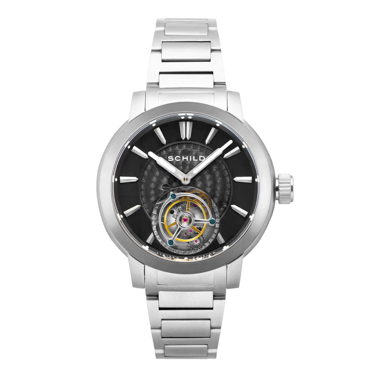 SCHILD Freidrich Mechanical Tourbillion Deep Storm Limited Edition Men Black Dial 10ATM Water Resistant Watch With Stainless Steel Chain Bracelet & Black Strap_7646690
