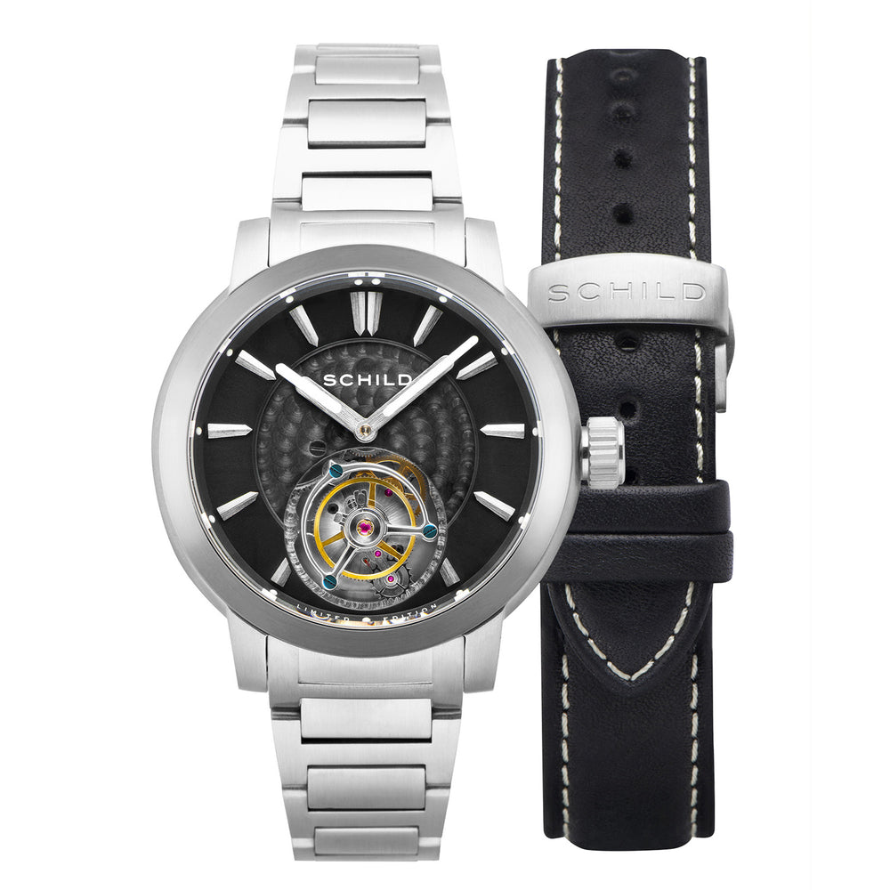 SCHILD Freidrich Mechanical Tourbillion Deep Storm Limited Edition Men Black Dial 10ATM Water Resistant Watch With Stainless Steel Chain Bracelet & Black Strap_7646690_1