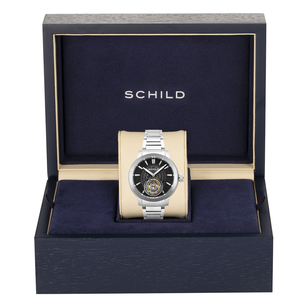 SCHILD Freidrich Mechanical Tourbillion Deep Storm Limited Edition Men Black Dial 10ATM Water Resistant Watch With Stainless Steel Chain Bracelet & Black Strap_7646690_3