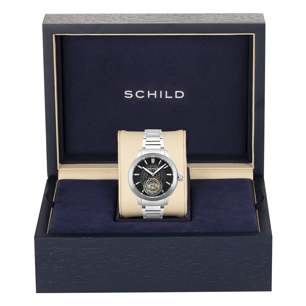 SCHILD Freidrich Mechanical Tourbillion Deep Storm Limited Edition Men Black Dial 10ATM Water Resistant Watch With Stainless Steel Chain Bracelet & Black Strap_7646690_3