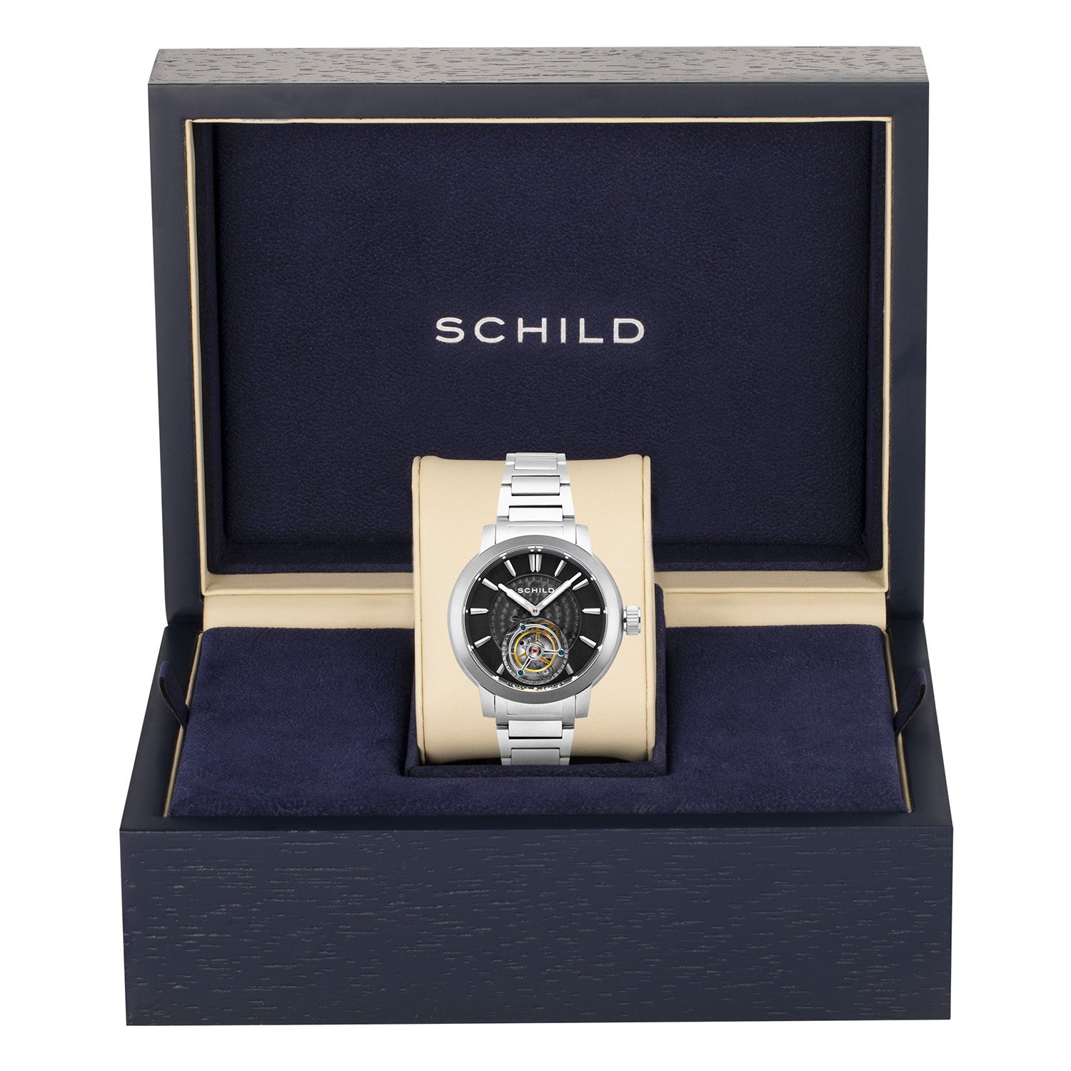 SCHILD Freidrich Mechanical Tourbillion Deep Storm Limited Edition Men Black Dial 10ATM Water Resistant Watch With Stainless Steel Chain Bracelet & Black Strap_7646690_3