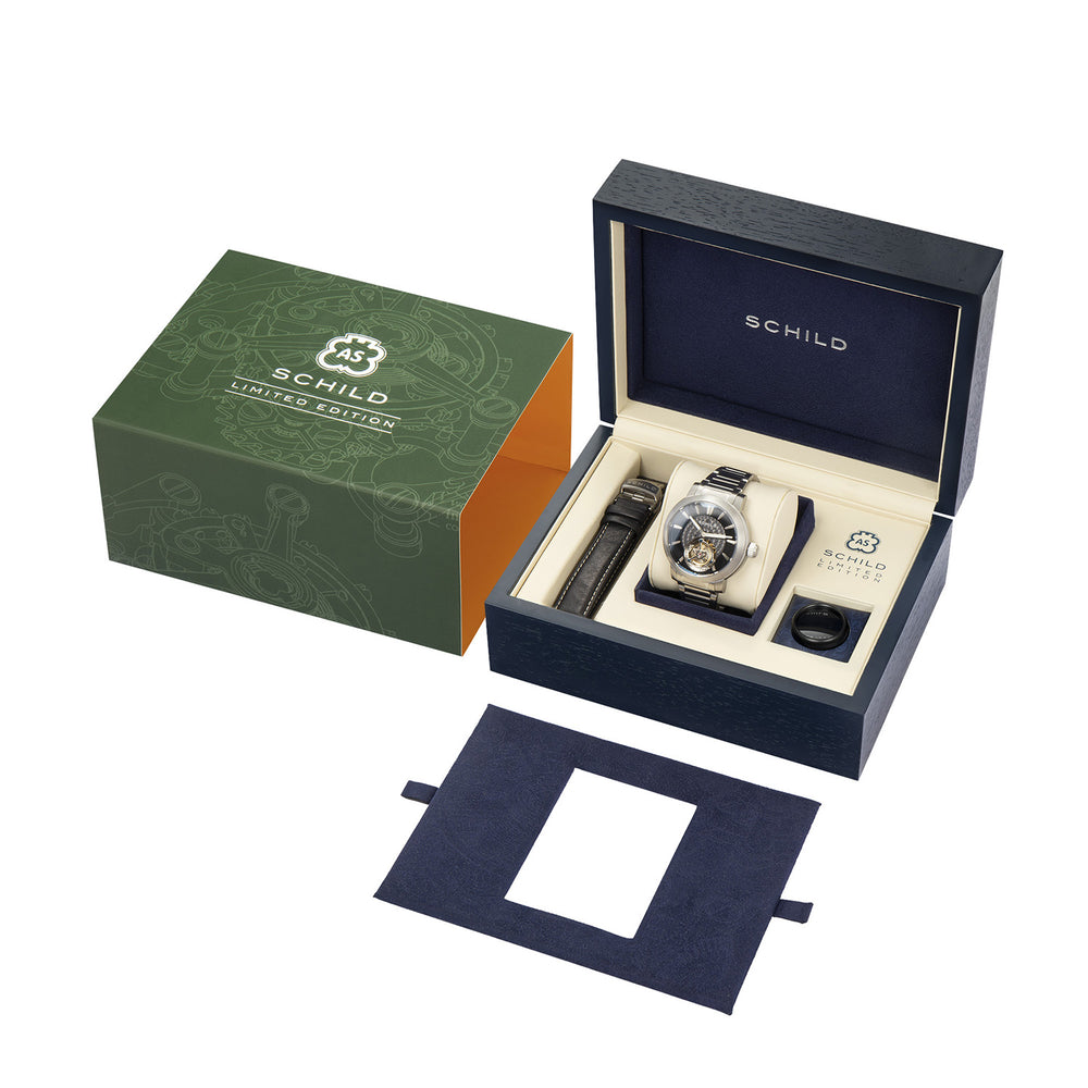SCHILD Freidrich Mechanical Tourbillion Deep Storm Limited Edition Men Black Dial 10ATM Water Resistant Watch With Stainless Steel Chain Bracelet & Black Strap_7646690_4