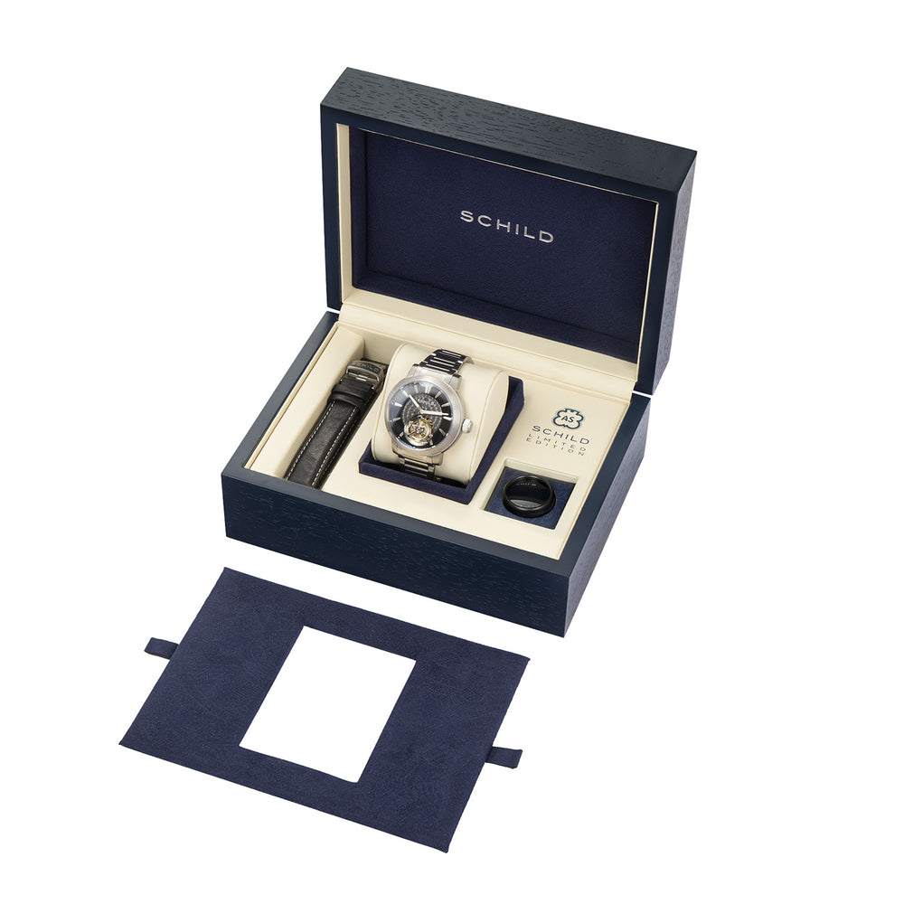SCHILD Freidrich Mechanical Tourbillion Deep Storm Limited Edition Men Black Dial 10ATM Water Resistant Watch With Stainless Steel Chain Bracelet & Black Strap_7646690_5