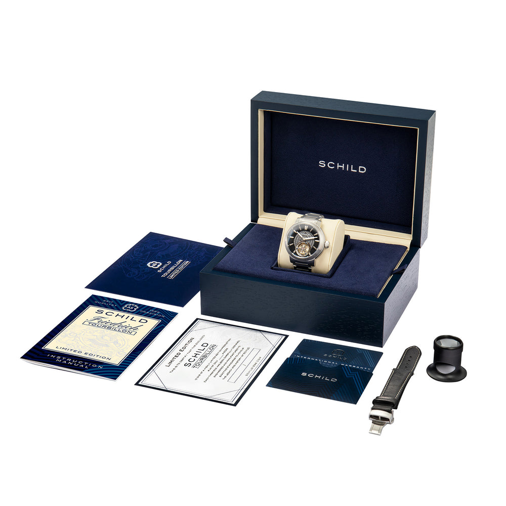 SCHILD Freidrich Mechanical Tourbillion Deep Storm Limited Edition Men Black Dial 10ATM Water Resistant Watch With Stainless Steel Chain Bracelet & Black Strap_7646690_6