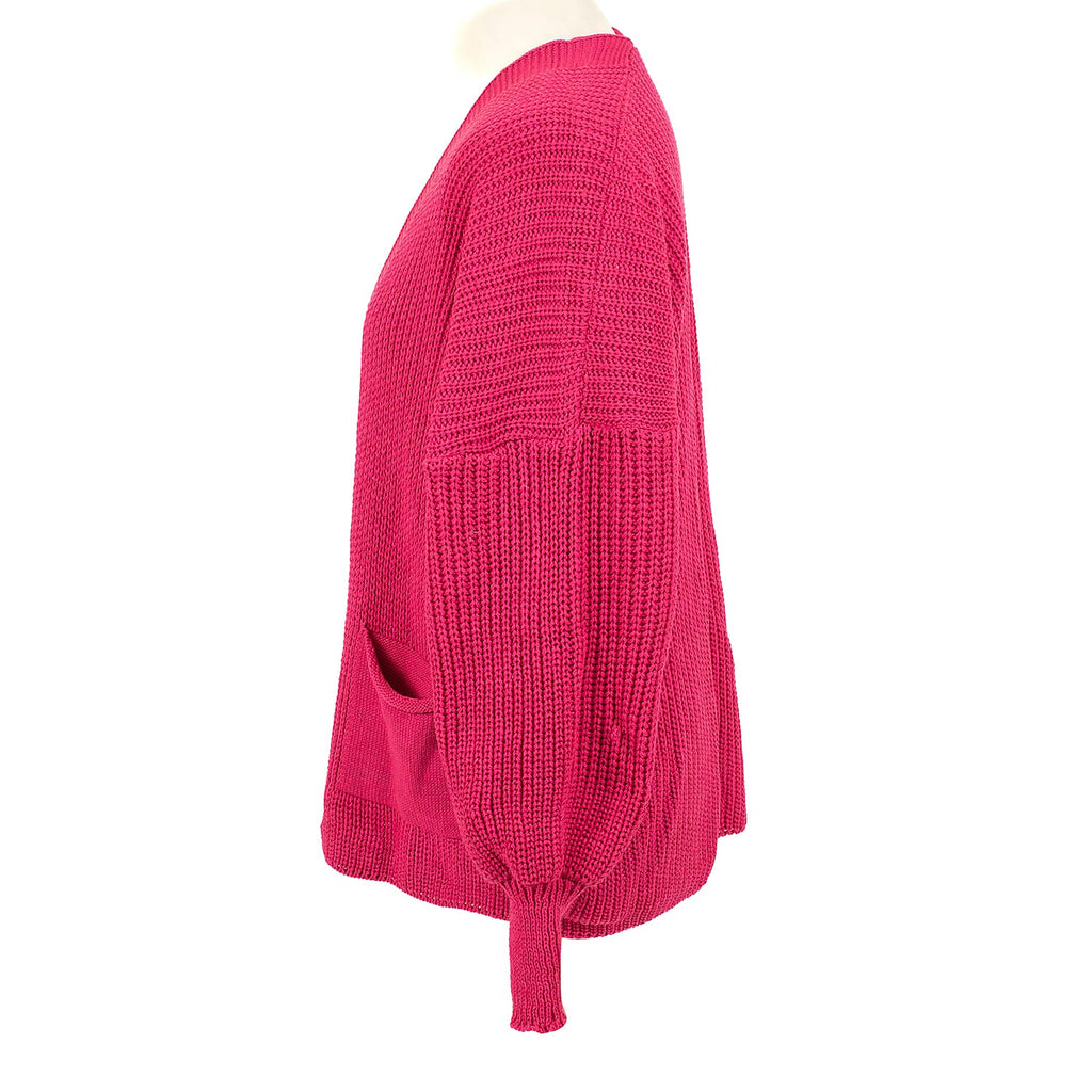 Balloon Sleeve Long Cardigan (One Size 8-18) - Dark Pink
