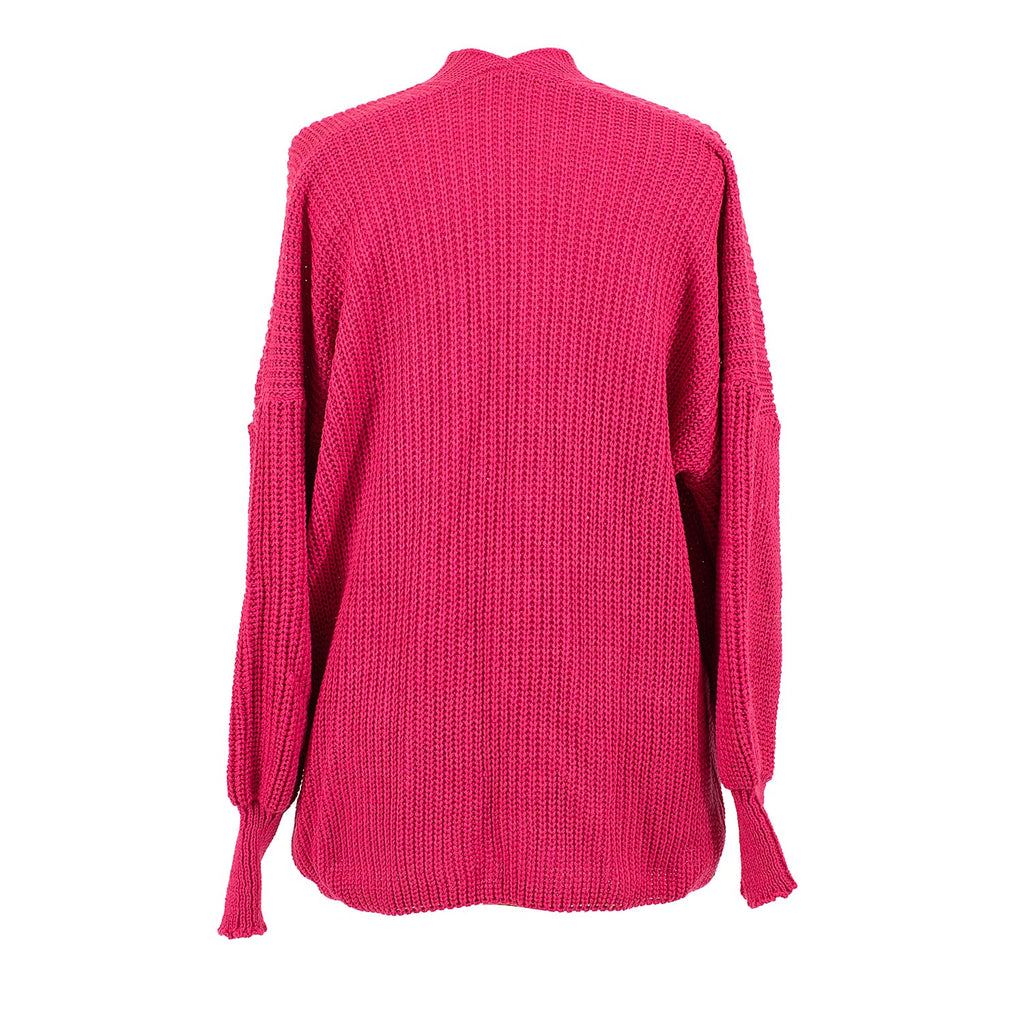 Balloon Sleeve Long Cardigan (One Size 8-18) - Dark Pink