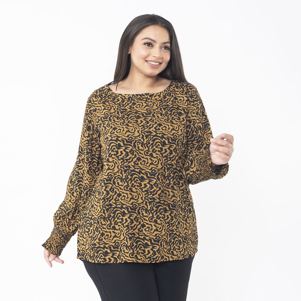 Tamsy 100% Viscose Animal Seamless Printed Top with smocking elastic sleeve opening (Size XXL, 24 to 26) - Brown_7667332_2