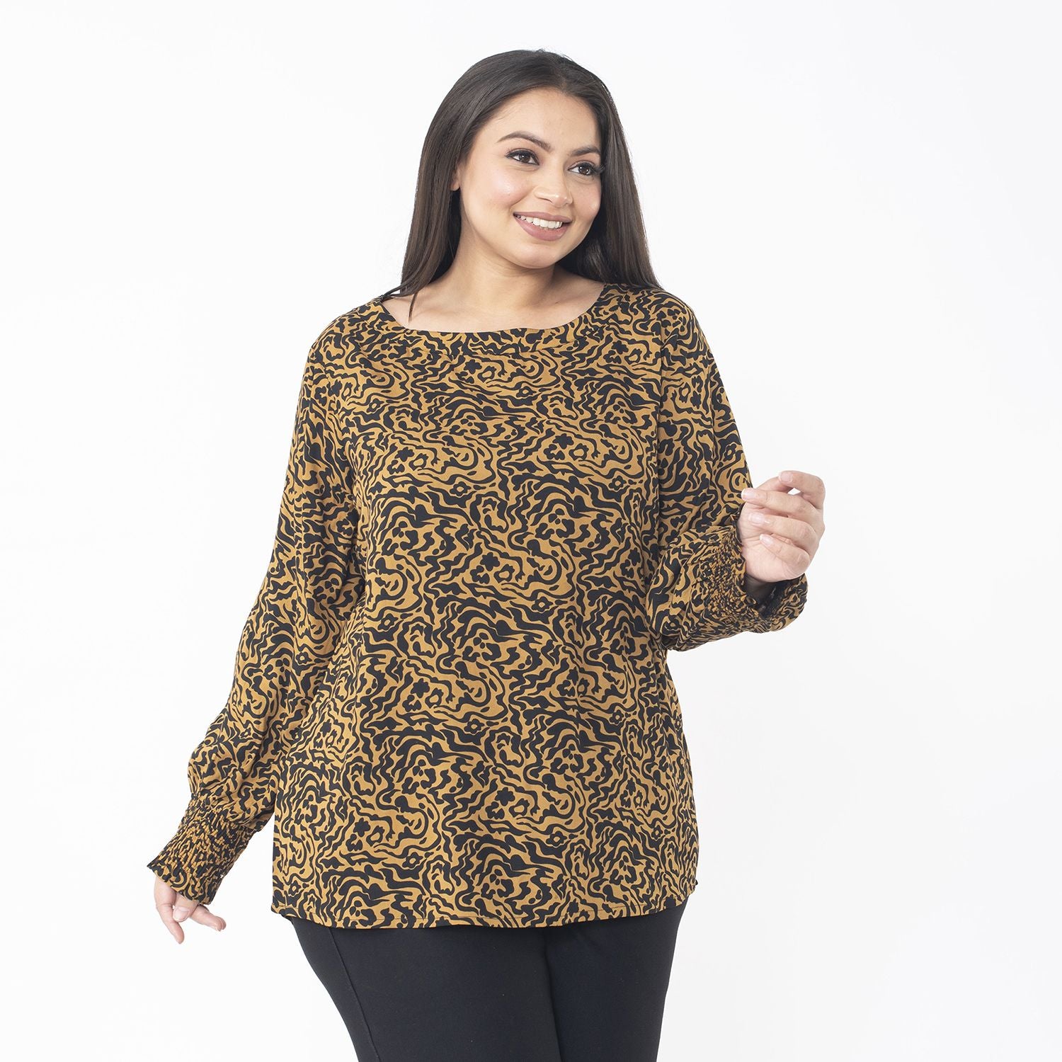 Tamsy 100% Viscose Animal Seamless Printed Top with smocking elastic sleeve opening (Size XXL, 24 to 26) - Brown_7667332_2